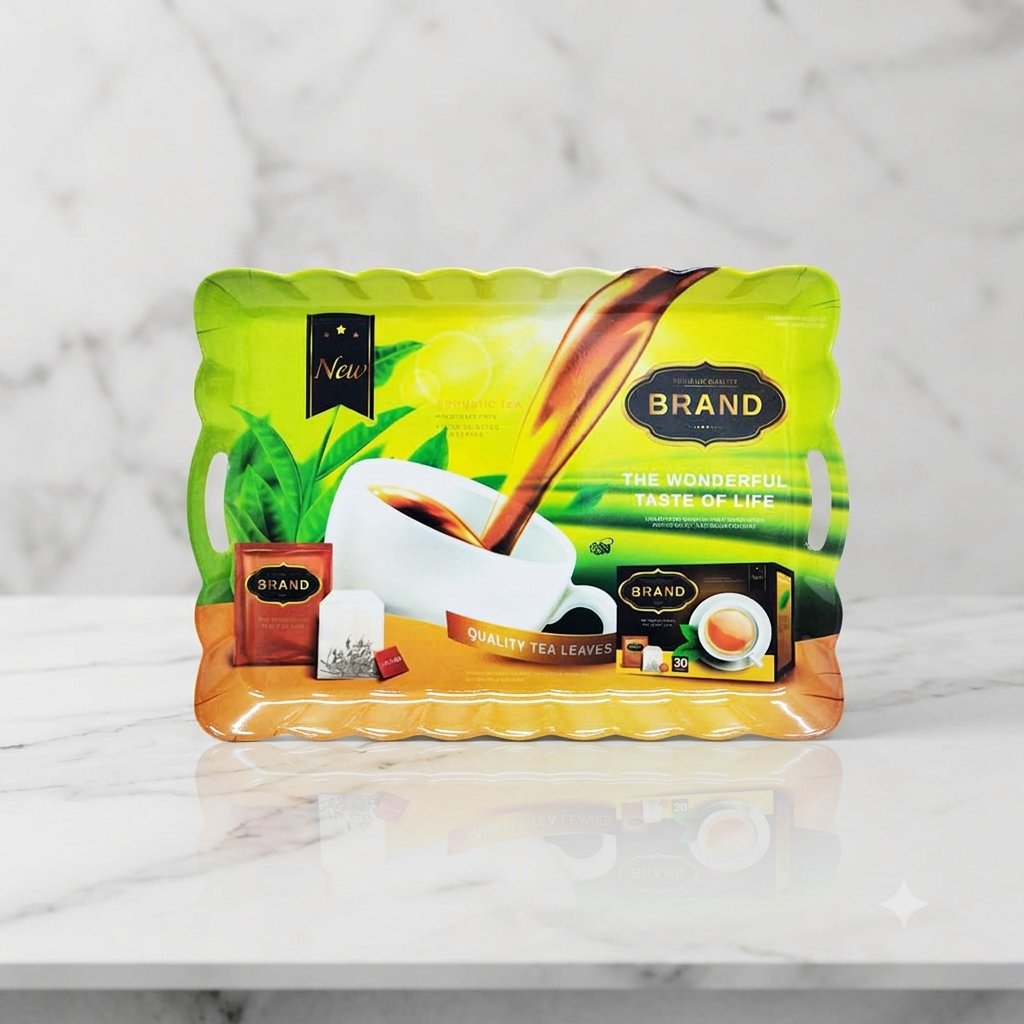 Jumbo Melamine Serving Tray Rectangular Wavy Edges Handles Tea & Coffee Print Design - Image 2