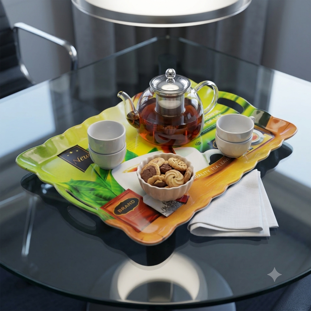 Jumbo Melamine Serving Tray Rectangular Wavy Edges Handles Tea & Coffee Print Design - Image 3