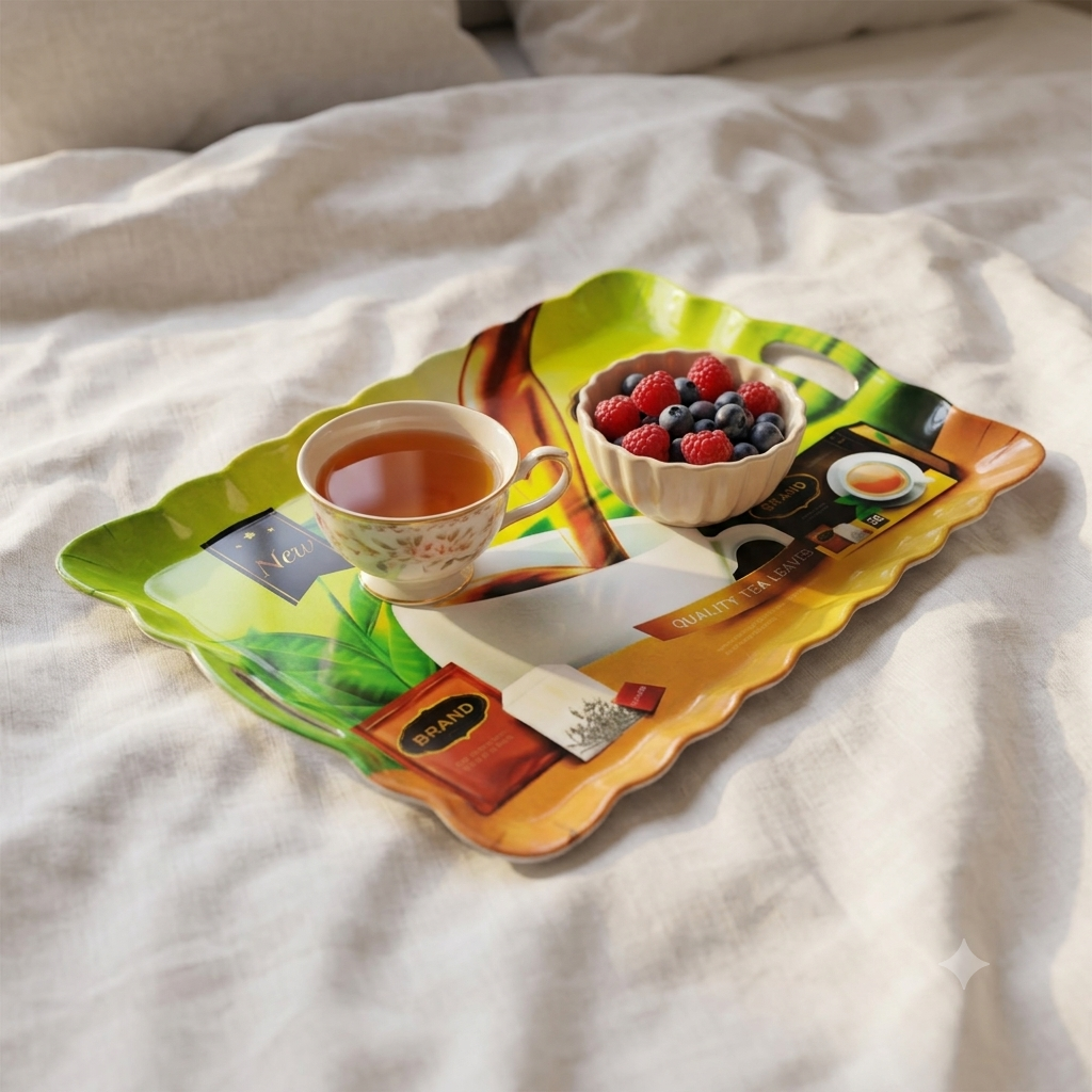Jumbo Melamine Serving Tray Rectangular Wavy Edges Handles Tea & Coffee Print Design - Image 5