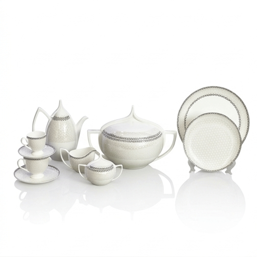 Luxury 72-piece porcelain dinnerware set with a dome design and elegant silver glaze for hospitality - Image 3