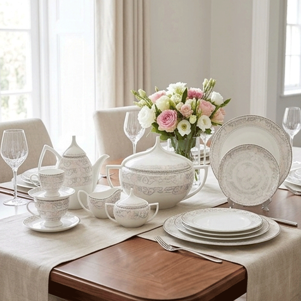 Luxury 72-piece porcelain dinnerware set with a dome design and elegant silver glaze for hospitality