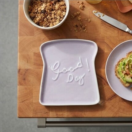 Ceramic Toast Shaped Serving Plate Lavender Purple Color with Good Day Print for Breakfast