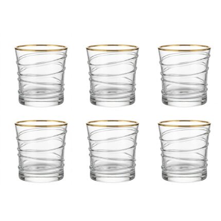 Set Of 6 Short Water Juice Glass Tumblers Gold Rim Spiral Ring Glasses
