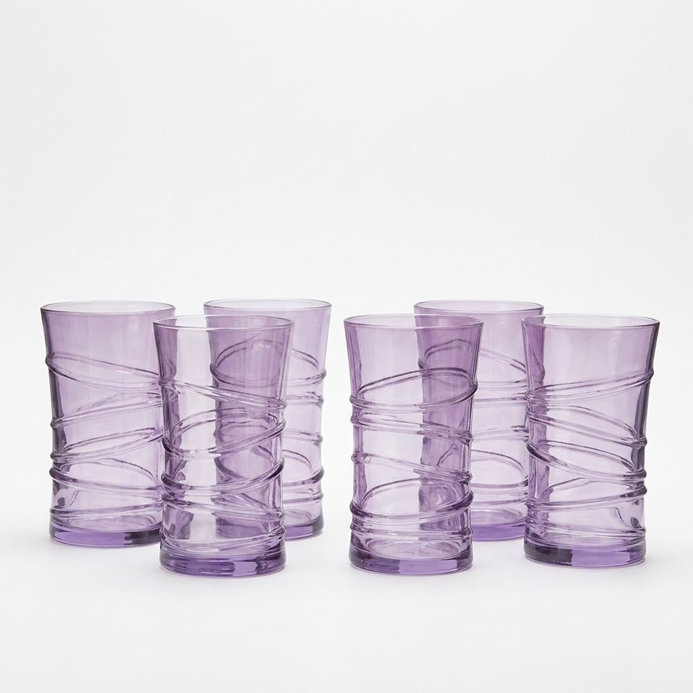 Set Of 6 Highball Water Juice Glass Tumblers Drinking Ring Spiral Glasses