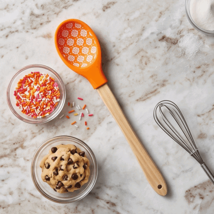 Patterned Silicone Cooking Spoon With Wooden Handle For Mixing Serving Baking
