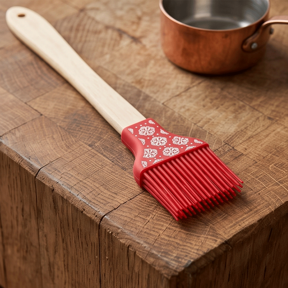 Patterned Silicone Basting Brush With Wooden Handle For Cooking Baking And BBQ