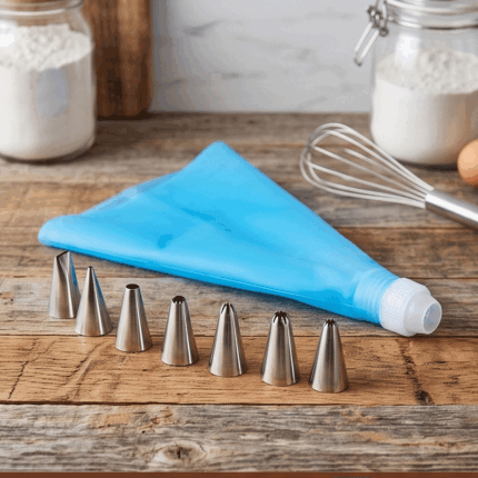 Reusable Silicone Pastry Piping Bag Set With 6 Stainless Steel Icing Nozzles Tips