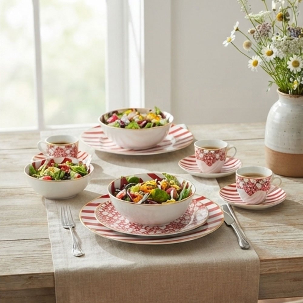 Marines 30 Piece Ceramic Dinnerware Set Red Pattern Modern Tableware Plates - Image 3