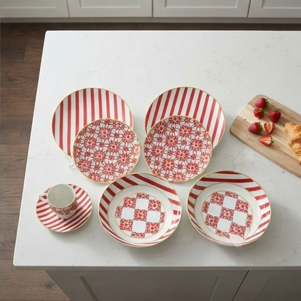 Marines 30 Piece Ceramic Dinnerware Set Red Pattern Modern Tableware Plates - Image 2