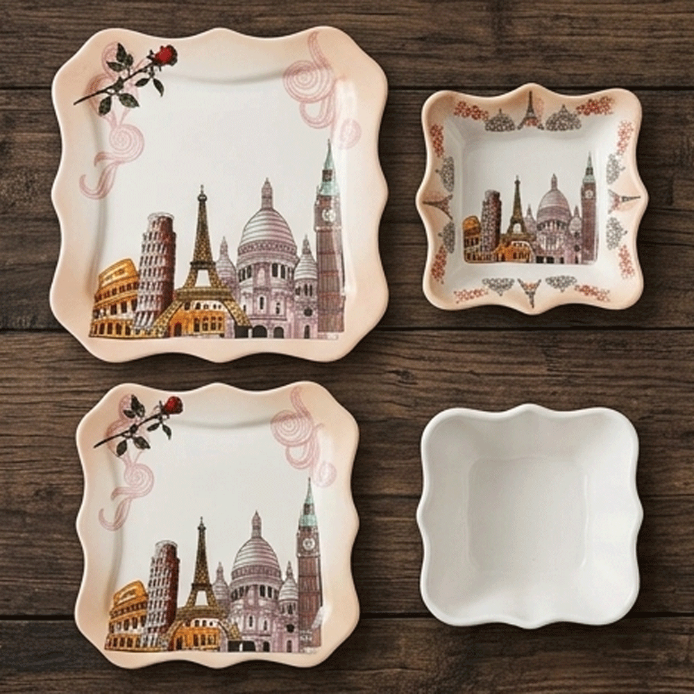 38-Piece Malaysian Style Melamine Dinnerware Set Square Wavy Eiffel Tower Floral Print - Image 5