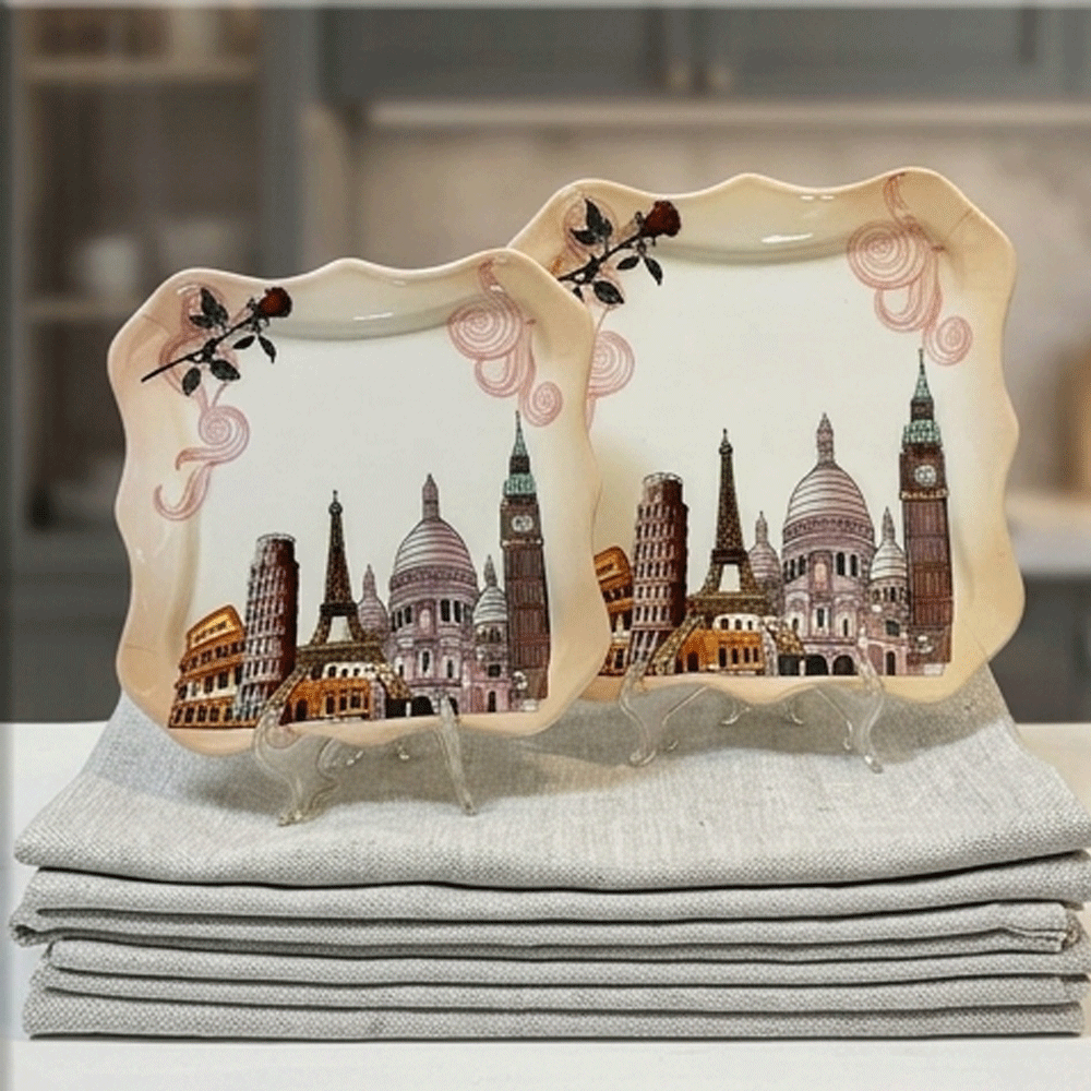 38-Piece Malaysian Style Melamine Dinnerware Set Square Wavy Eiffel Tower Floral Print - Image 6