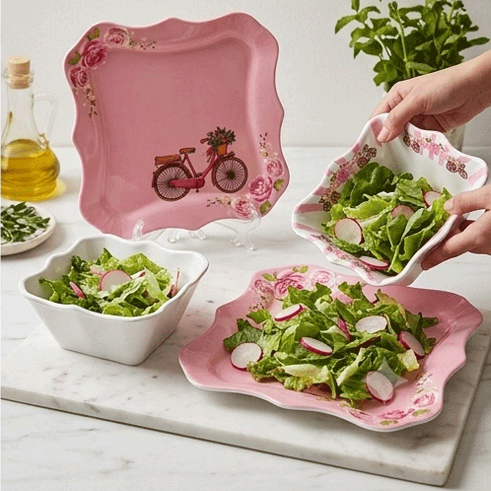 38-Piece Malaysian Style Melamine Dinnerware Set Square Wavy Eiffel Tower Floral Print - Image 11