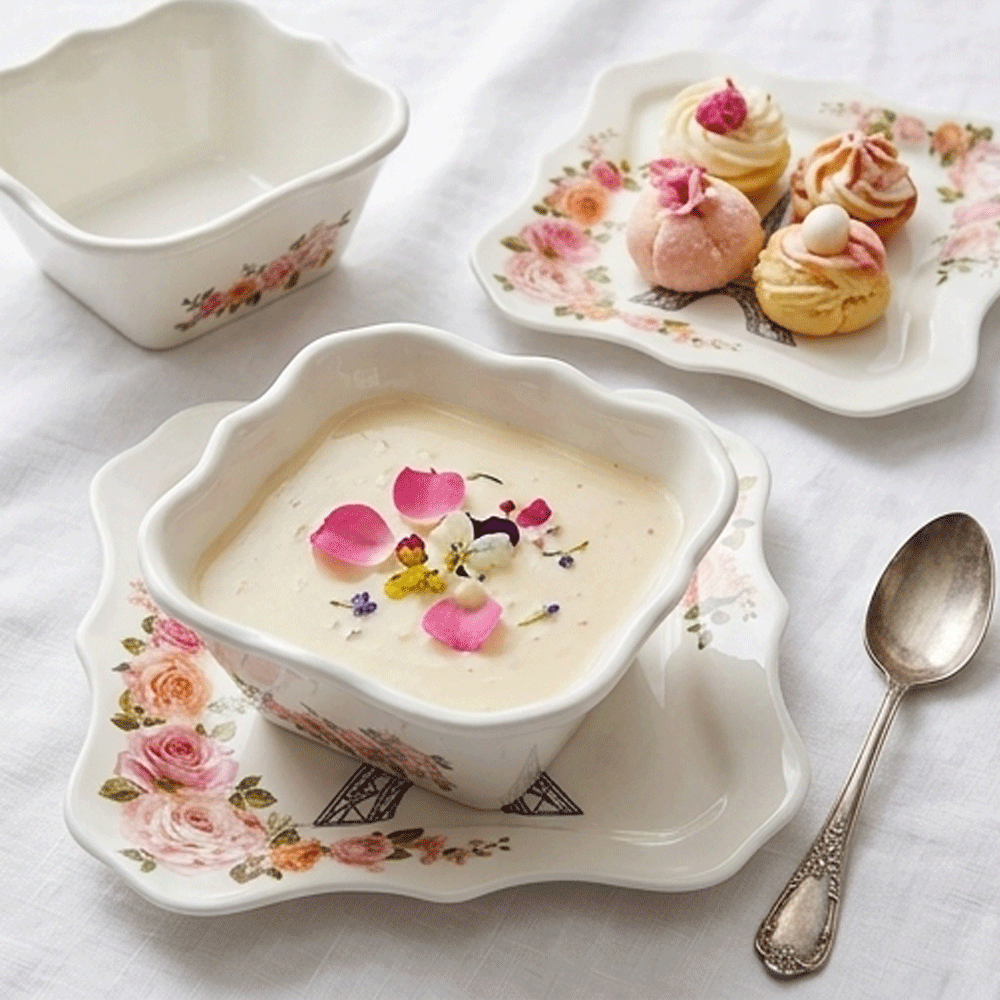 38-Piece Malaysian Style Melamine Dinnerware Set Square Wavy Eiffel Tower Floral Print - Image 3