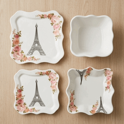 38-Piece Malaysian Style Melamine Dinnerware Set Square Wavy Eiffel Tower Floral Print