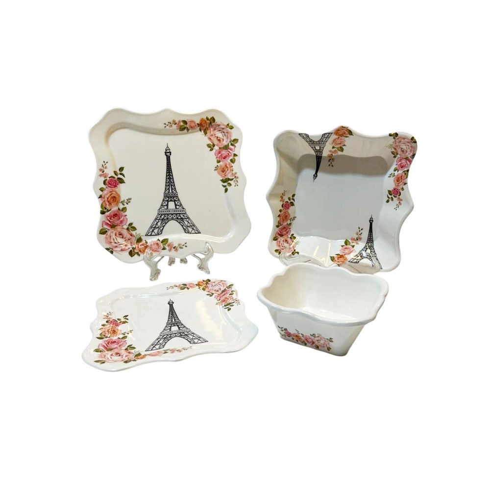38-Piece Malaysian Style Melamine Dinnerware Set Square Wavy Eiffel Tower Floral Print - Image 2