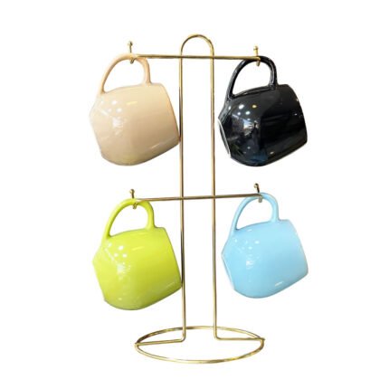 Modern Ceramic Coffee Mug Set with Elegant Gold Metal Stand Holder Organizer 6-in-1