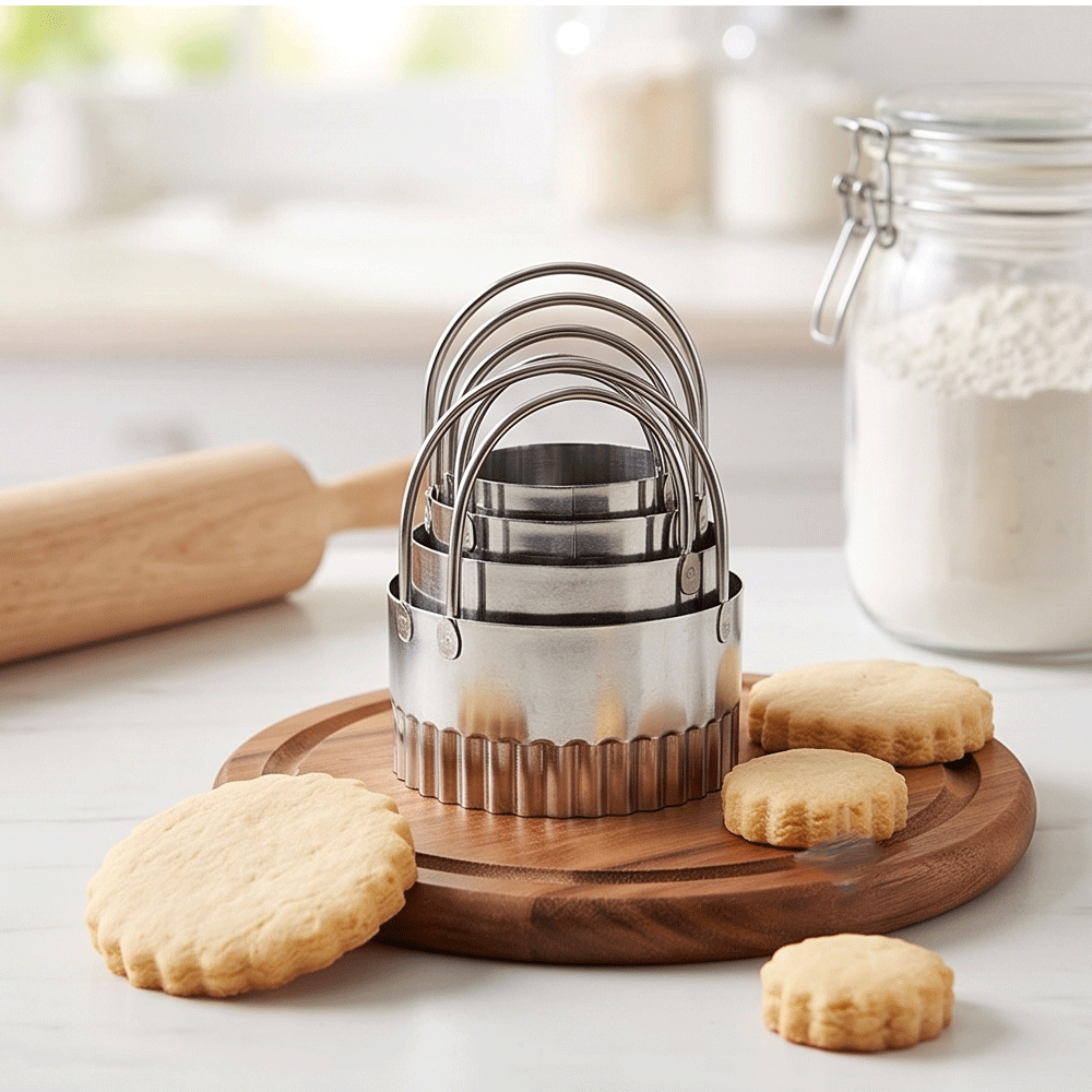 5 Piece Stainless Steel Fluted Round Dough Cookie Cutter Set With Handles - Image 5