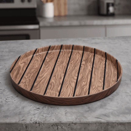 Modern round serving tray with an elegant striped wooden design for tea and coffee, 40 cm
