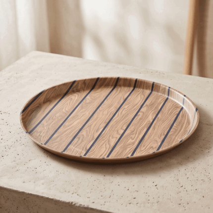 Modern round serving tray with an elegant striped wooden design for tea and coffee, 45 cm