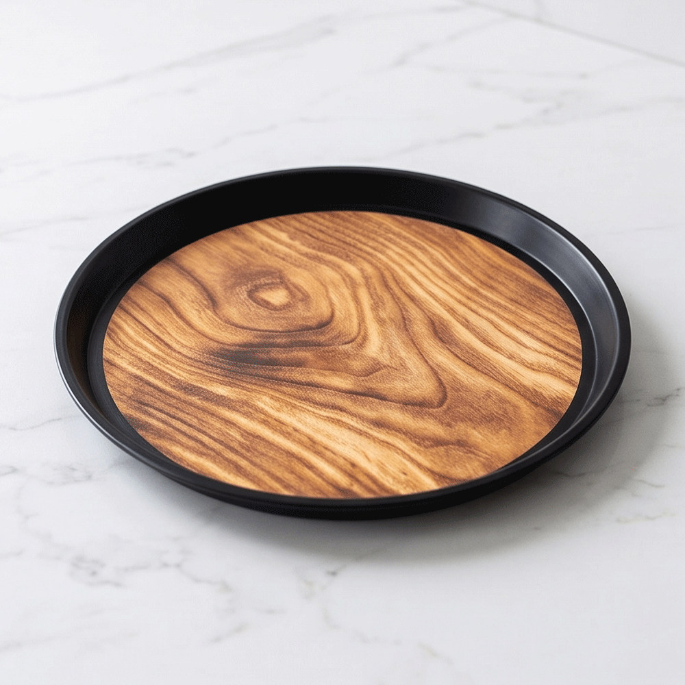 Modern round serving tray with an elegant wooden design and black frame, 35 cm