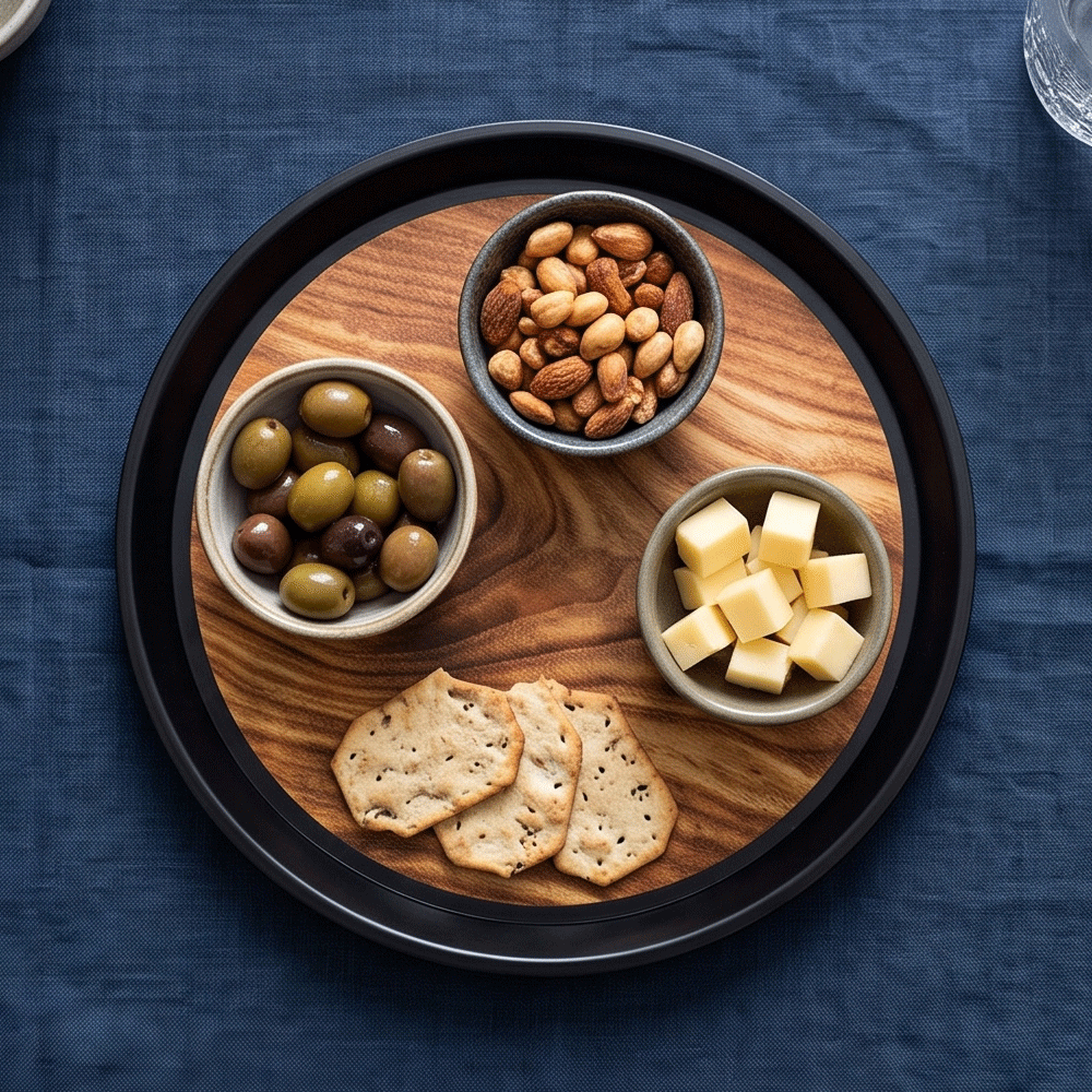 Modern round serving tray with an elegant wooden design and black frame, 35 cm - Image 2