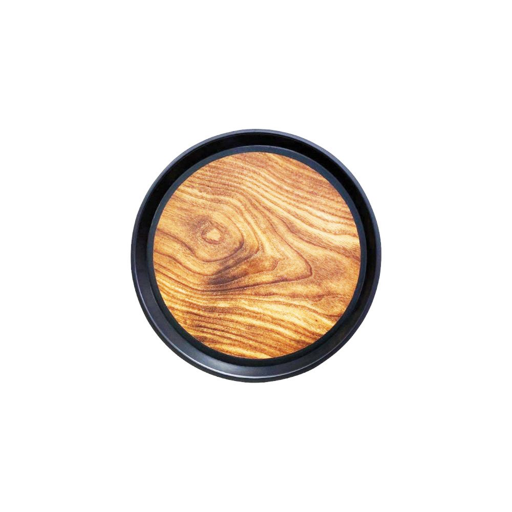 Modern round serving tray with an elegant wooden design and black frame, 35 cm - Image 3