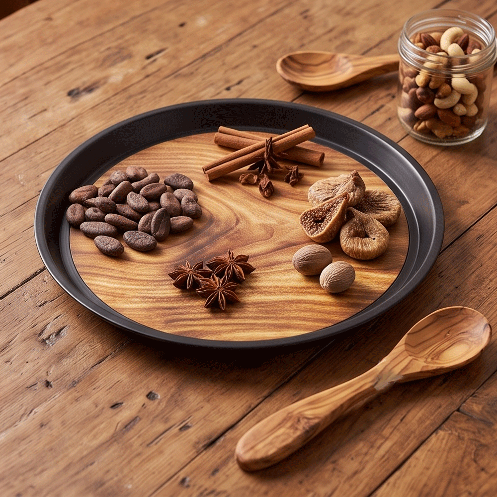Modern round serving tray with an elegant wooden design and black frame, 35 cm - Image 4