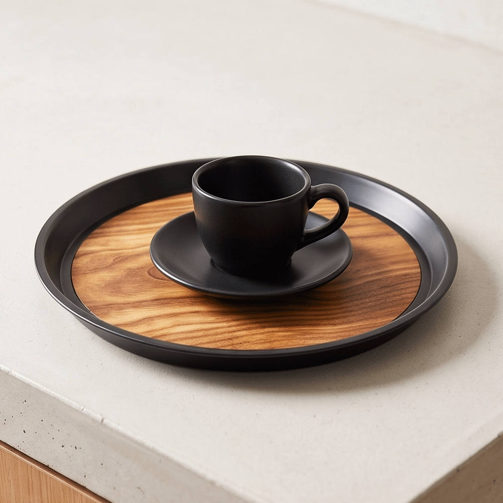 Modern round serving tray with an elegant wooden design and black frame, 40 cm - Image 3
