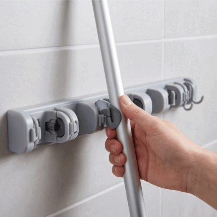 El Nour Wall Mounted Broom And Mop Holder Organizer With 5 Slots And 6 Hooks