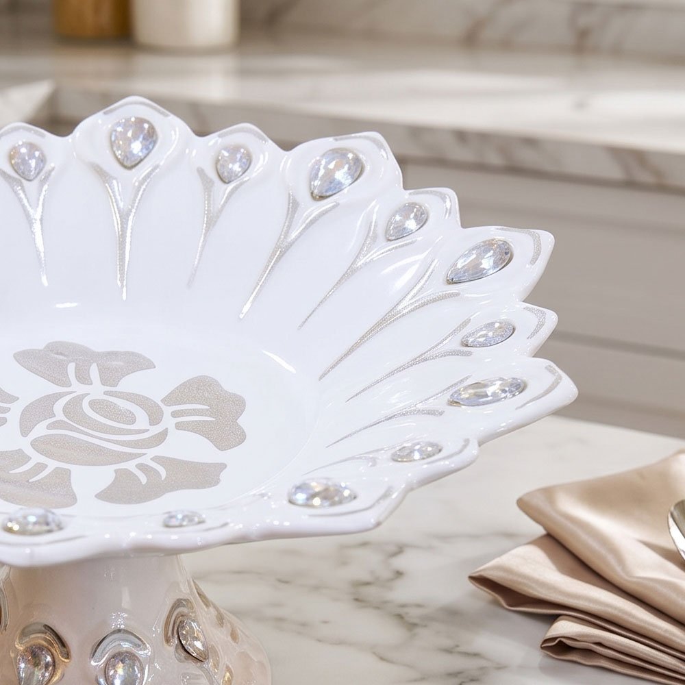White Ceramic Pedestal Fruit Bowl Medium Serving Dish With Silver Crystals - Image 4