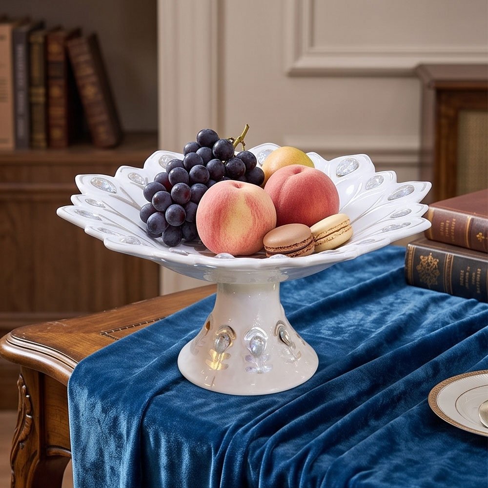 White Ceramic Pedestal Fruit Bowl Medium Serving Dish With Silver Crystals - Image 3