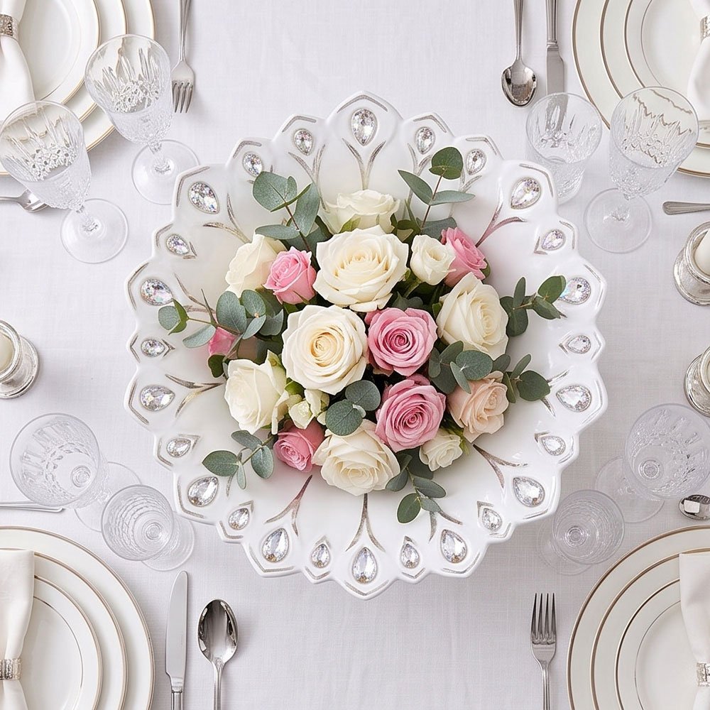 White Ceramic Pedestal Fruit Bowl Medium Serving Dish With Silver Crystals - Image 2