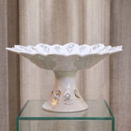 White Ceramic Pedestal Fruit Bowl Medium Serving Dish With Silver Crystals