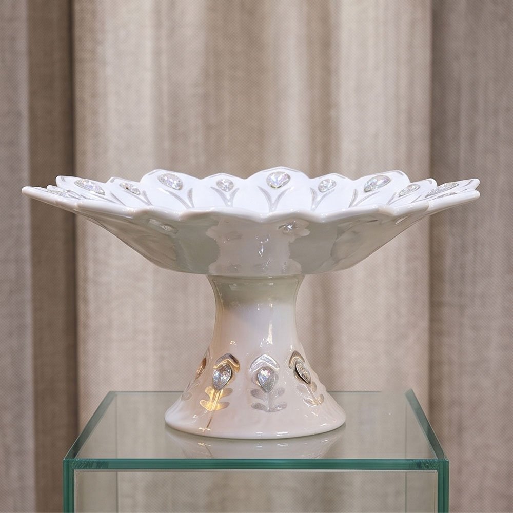 White Ceramic Pedestal Fruit Bowl Medium Serving Dish With Silver Crystals