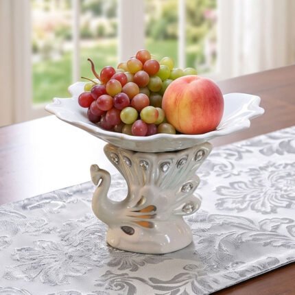White Ceramic Peacock Fruit Bowl Medium Serving Dish With Silver Crystals