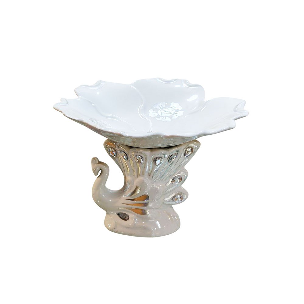 White Ceramic Peacock Fruit Bowl Medium Serving Dish With Silver Crystals - Image 4