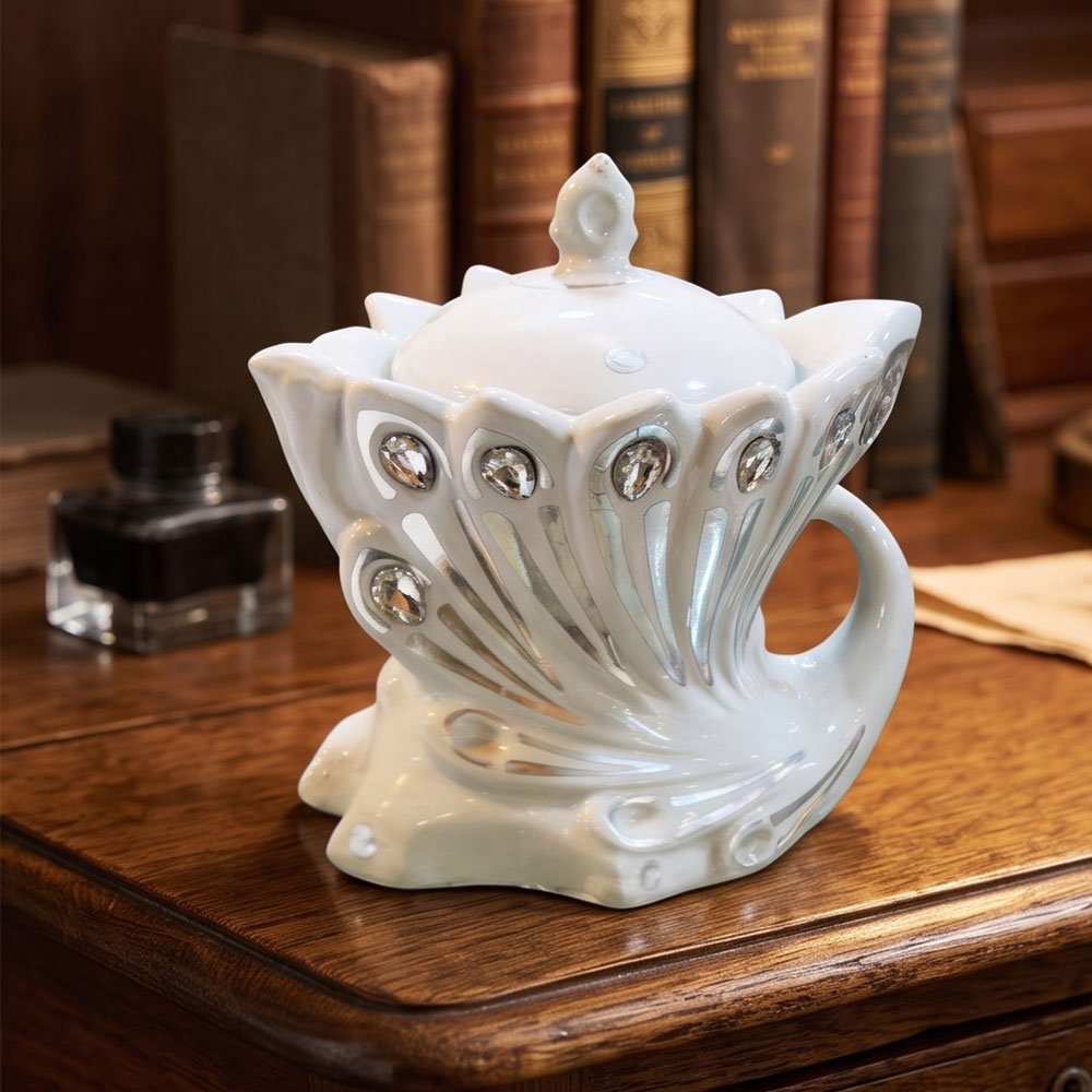 White Ceramic Peacock Candy Bowl Jar With Lid Decorated With Silver Crystals