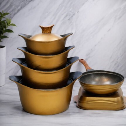 10 Pcs Gold Granite Cookware Set Pots Wok Pan & Oven Casserole Dish Non Stick Kitchen