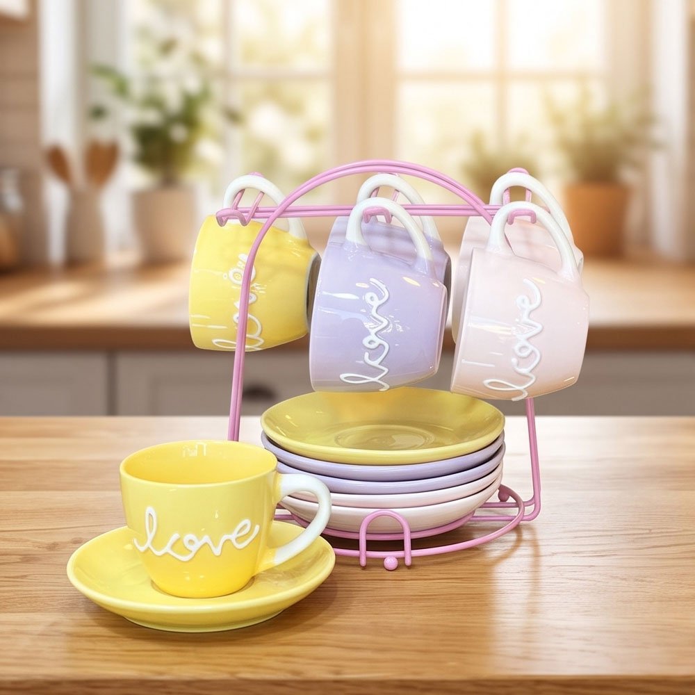Colors 19 Set of 4 Coffee Cups with Saucers & Pink Metal Stand Love Print Pastel