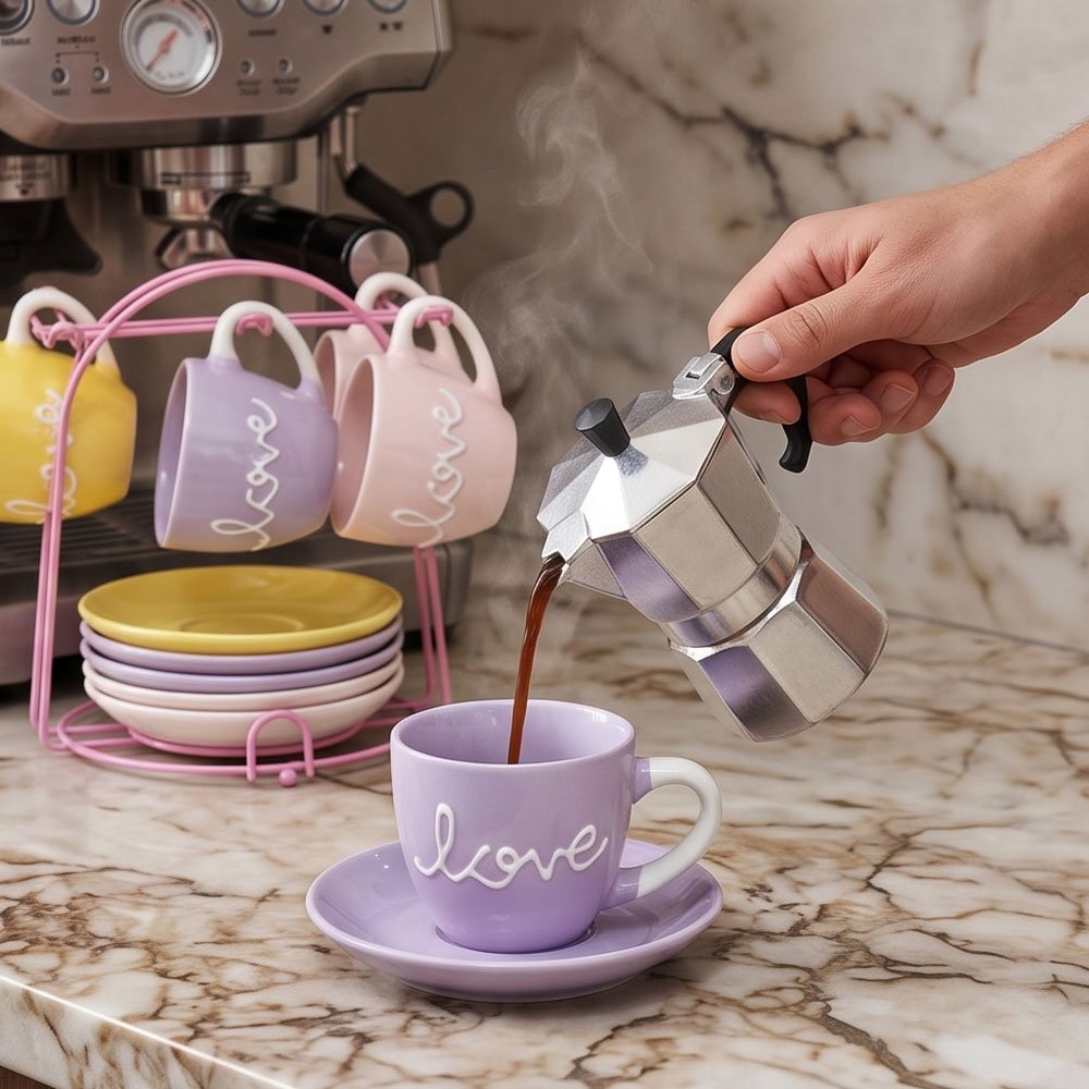 Colors 19 Set of 4 Coffee Cups with Saucers & Pink Metal Stand Love Print Pastel - Image 3