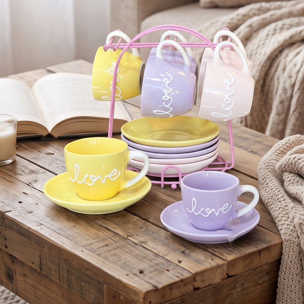 Colors 19 Set of 4 Coffee Cups with Saucers & Pink Metal Stand Love Print Pastel - Image 5