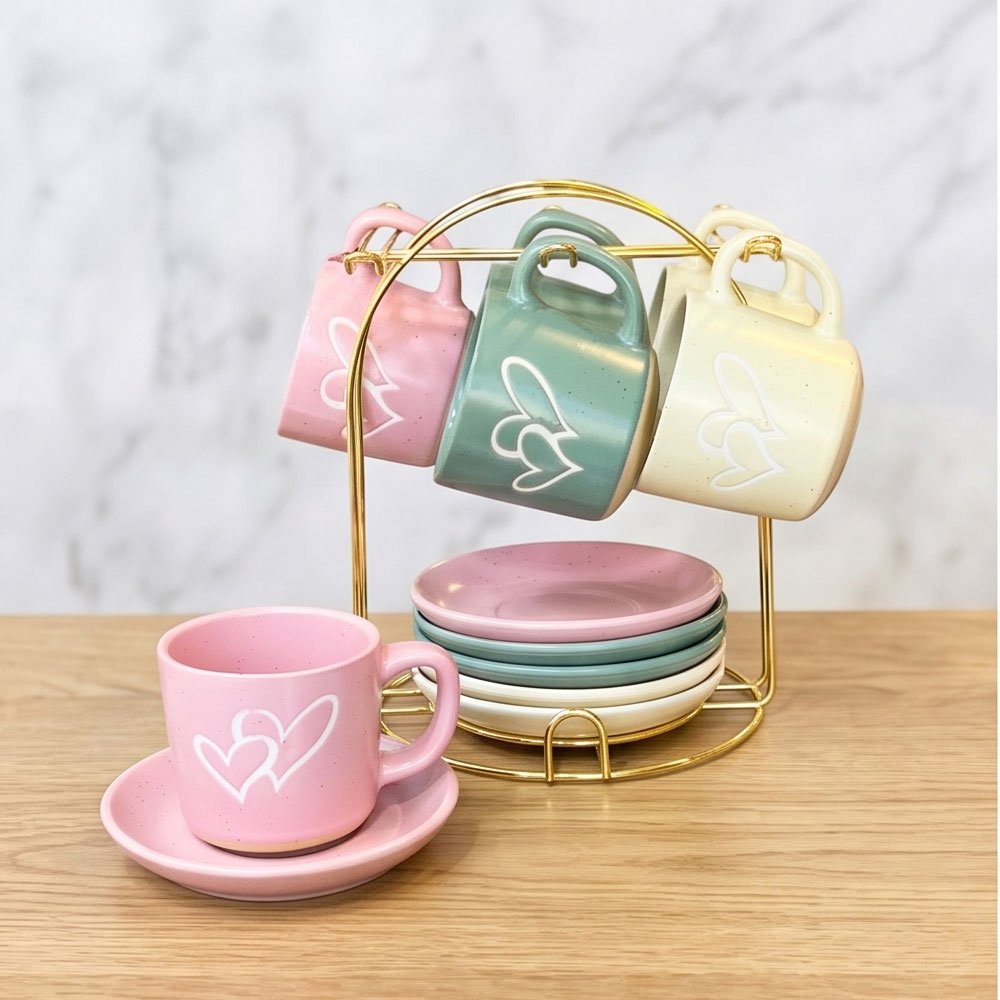 Modern 17 Set of 4 Coffee Cups with Saucers & Gold Metal Stand Heart Print Pastel