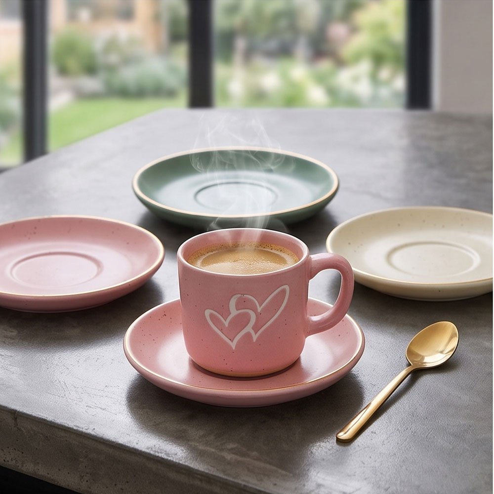 Modern 17 Set of 4 Coffee Cups with Saucers & Gold Metal Stand Heart Print Pastel - Image 4