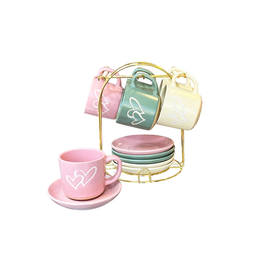 Modern 17 Set of 4 Coffee Cups with Saucers & Gold Metal Stand Heart Print Pastel - Image 2