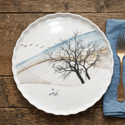 Modern Trendy Round Dinner Serving Tray Wavy Edge Tree Print Design for Home & Tableware
