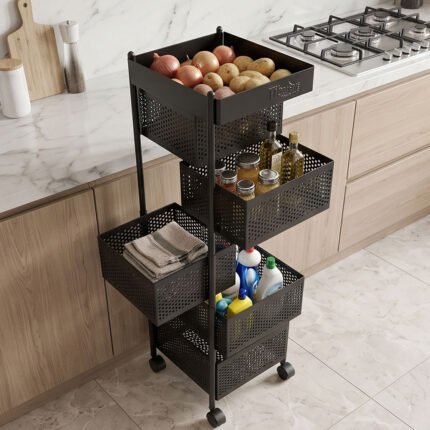 5 Tier Square Metal Kitchen Storage Trolley Cart Rolling Rack Organizer Black