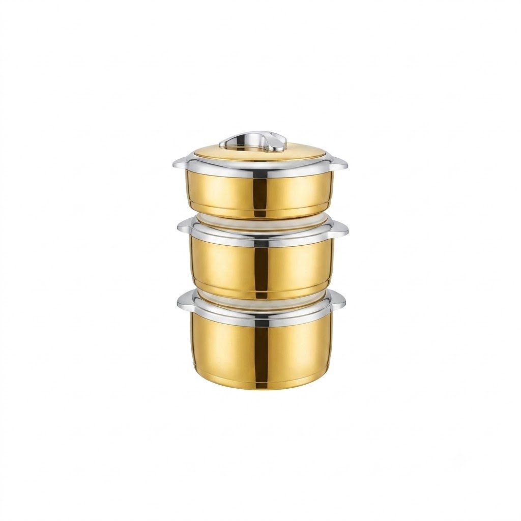3-piece stainless steel thermal food container set in gold and silver