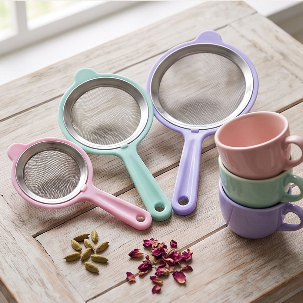 3 Piece Stainless Steel Fine Mesh Strainer Set With Colorful Plastic Handle Frame