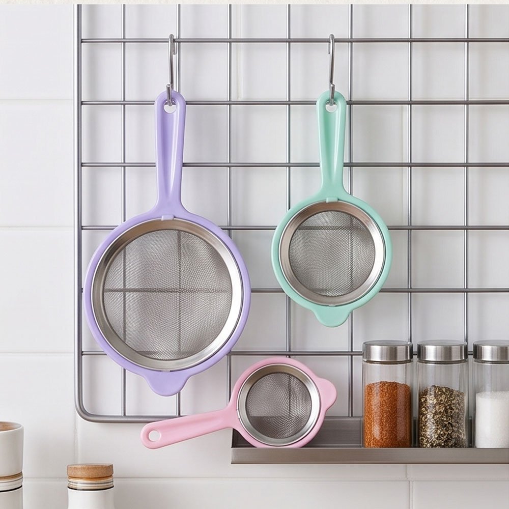 3 Piece Stainless Steel Fine Mesh Strainer Set With Colorful Plastic Handle Frame - Image 2