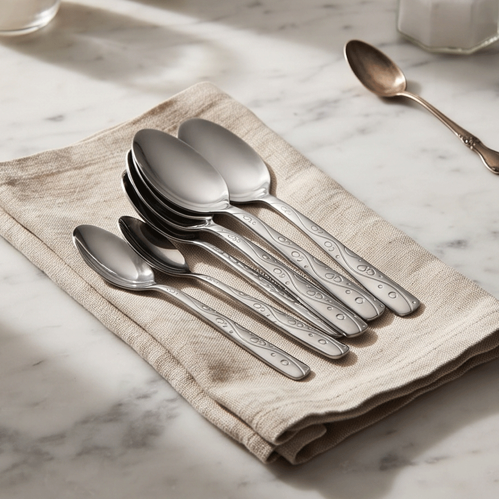 6-piece stainless steel cutlery set with embossed and elegant designs for the dining table